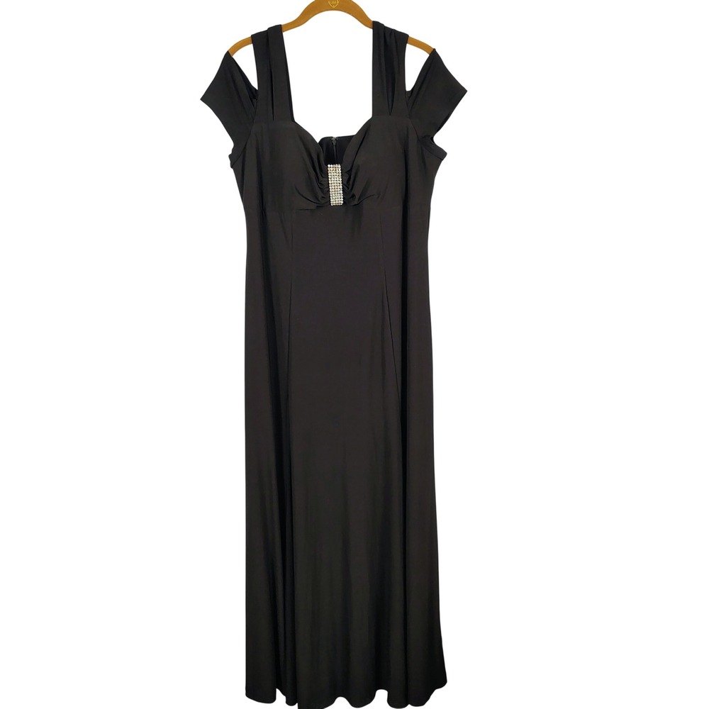 R&M Richards Womens SZ 14 Cold Shoulder Gown Black Rhinestone Slit Glam Gothcore